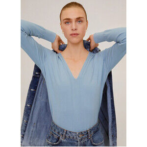 Mango women's Ribbed Detail Sweater V neck long sleeve In Heather Blue Size XS